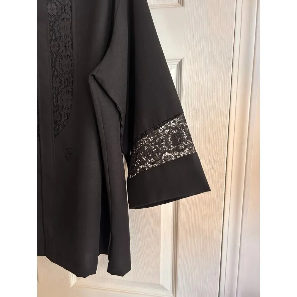 Vintage Black Lace Panel Hawaiian Shirt Sheer 3/4 Sleeve Men’s XL -